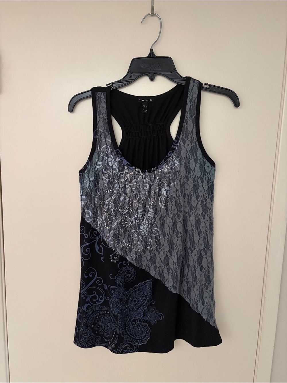 FANG Embellished Black Tank with Gray Lace Overlay & Blue Paisley Accents! M